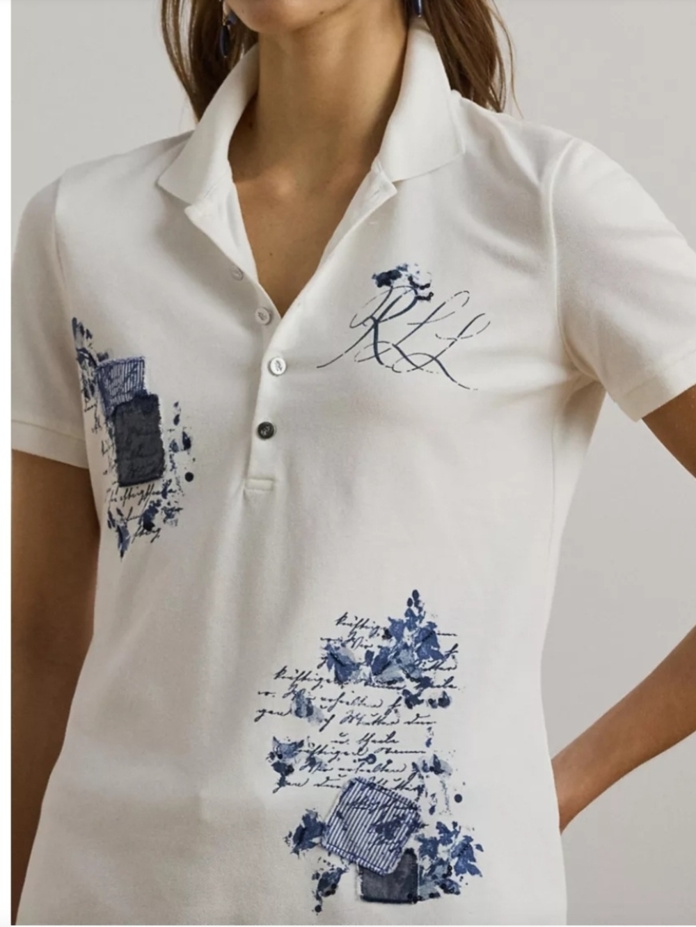 Ralph Lauren White Polo Shirt with Navy Script & Floral Prints